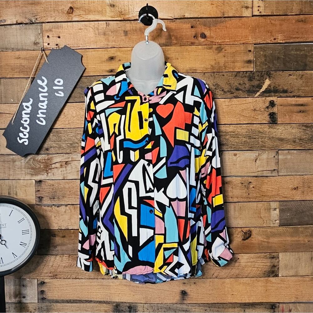 Big Dart Women's Colorful Retro Pop Art Print Button Up Long Sleeve Sz M/L